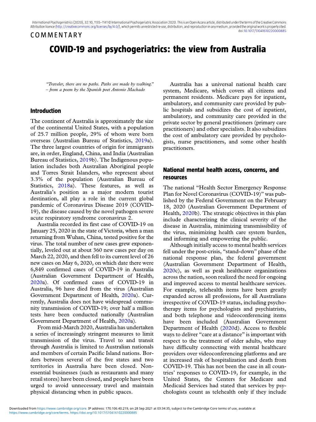 COVID-19 and Psychogeriatrics: the View from Australia