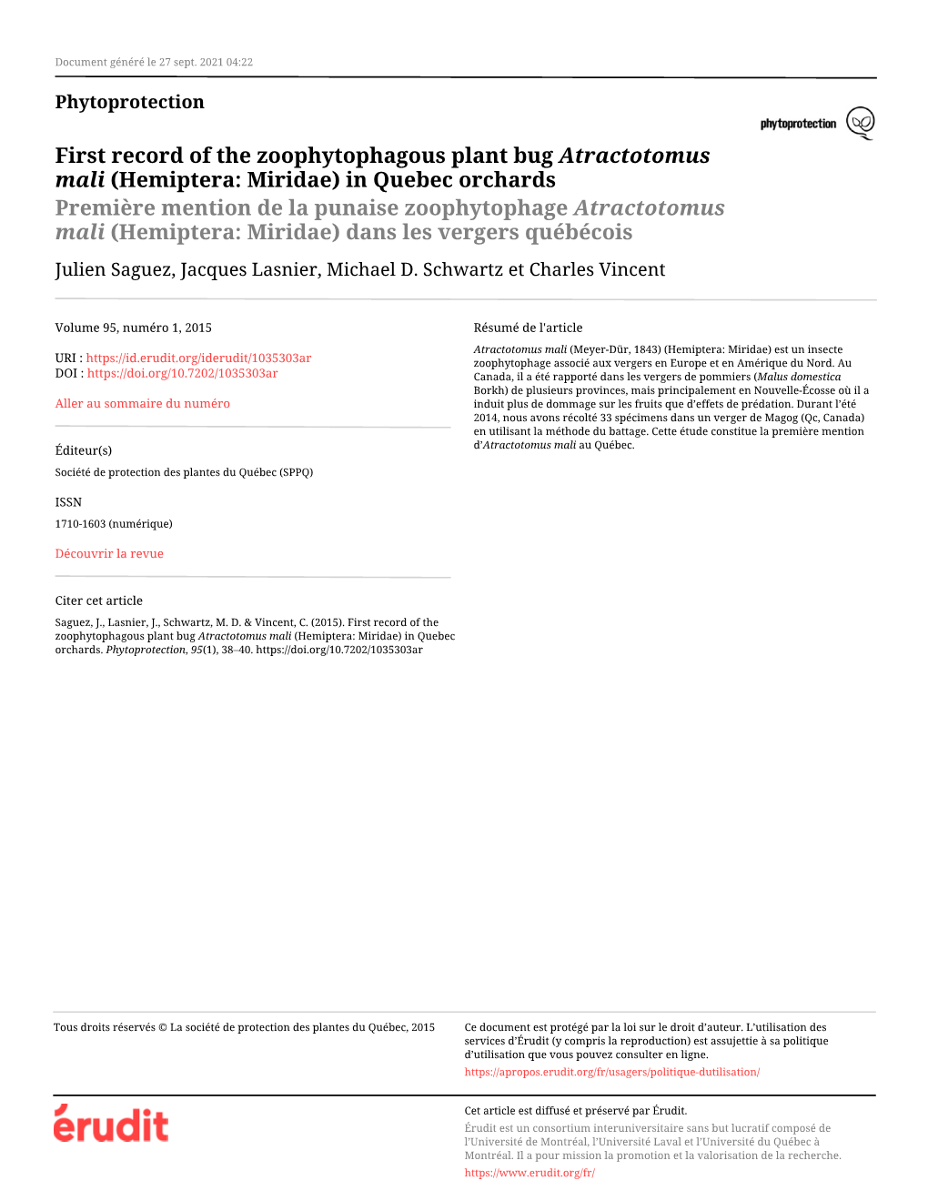 First Record of the Zoophytophagous Plant Bug Atractotomus Mali (Hemiptera: Miridae) in Quebec Orchards