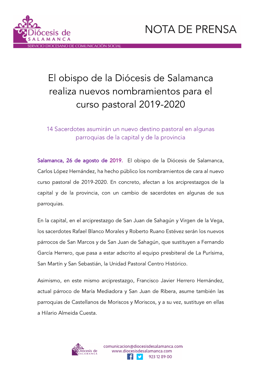 El Obispo De La Diócesis De Salamanca Realiza Nuevos Nombramientos Para El Curso Pastoral 2019-2020