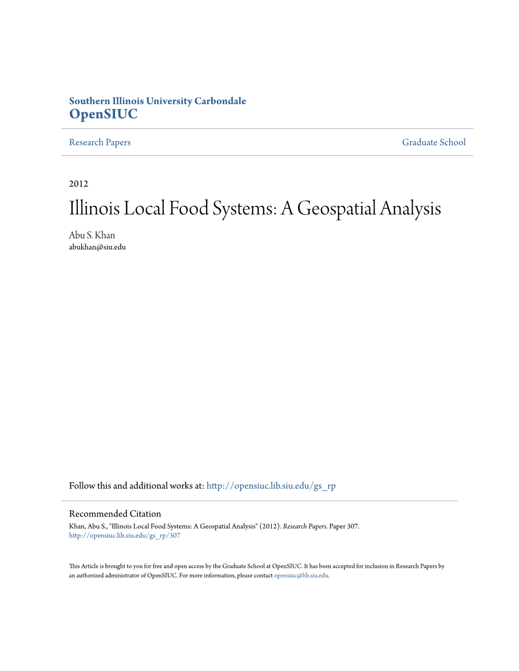 Illinois Local Food Systems: a Geospatial Analysis Abu S