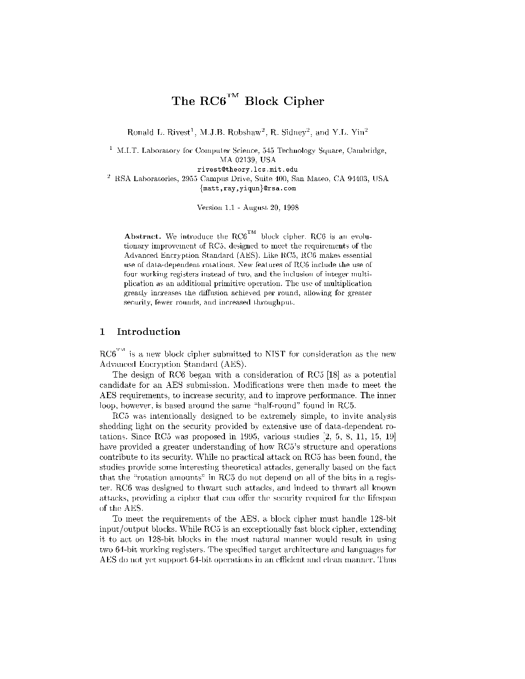 The RC6TM Block Cipher