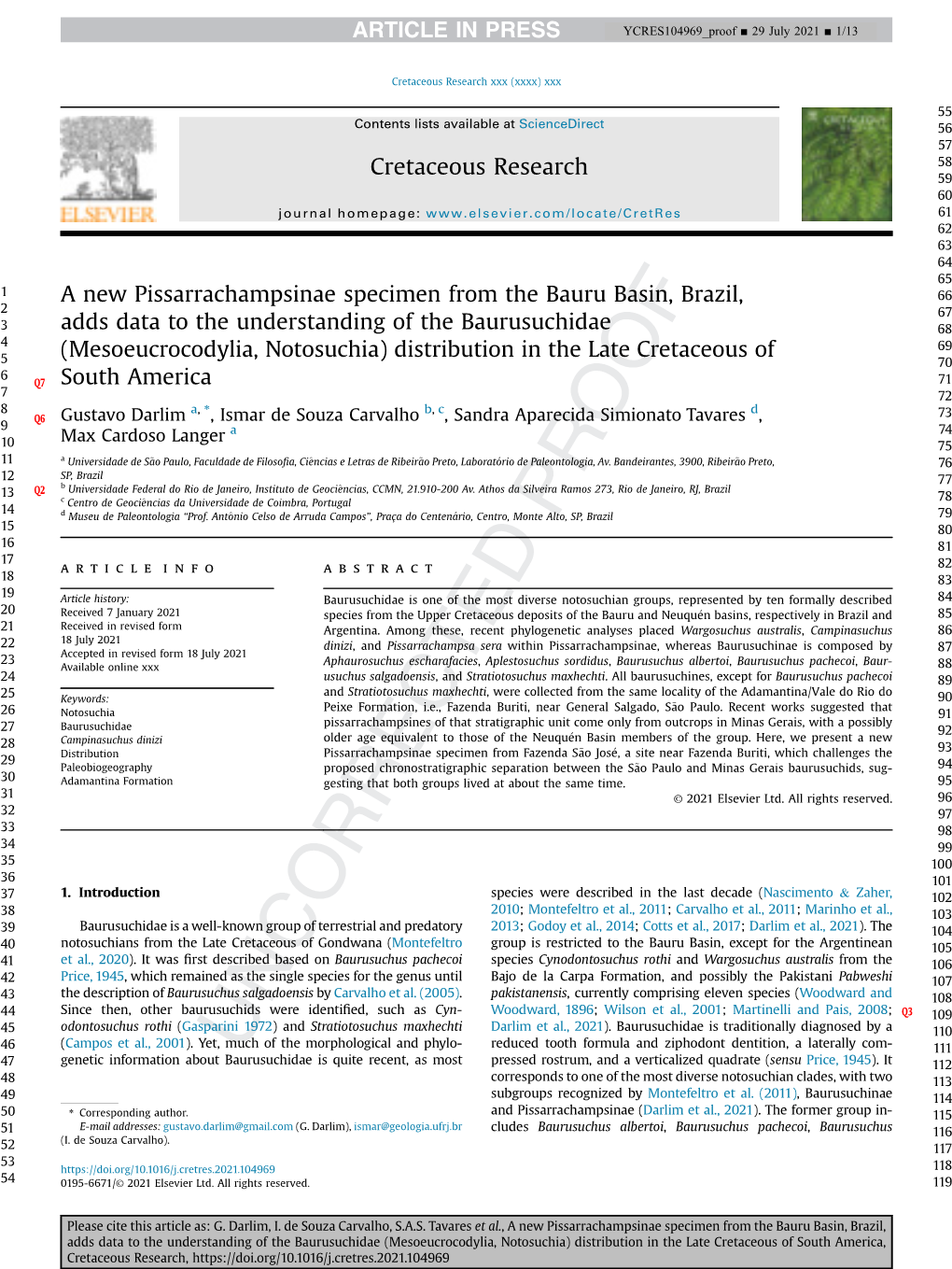 A New Pissarrachampsinae Specimen from the Bauru Basin, Brazil, Adds