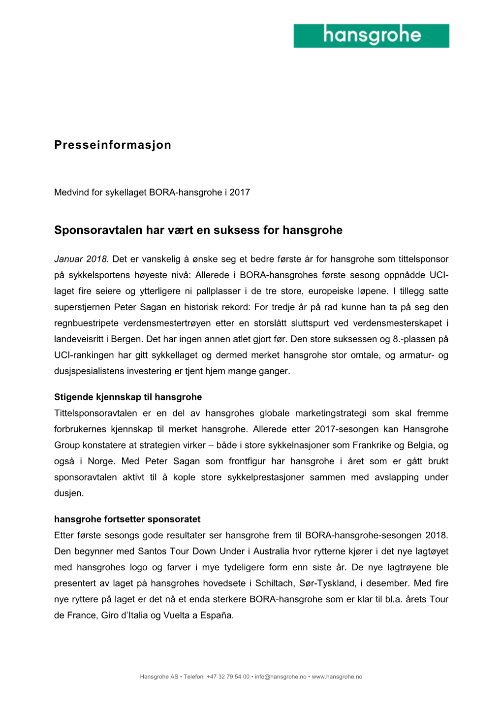 Presseinformasjon Sponsoravtalen Har Vært En Suksess for Hansgrohe