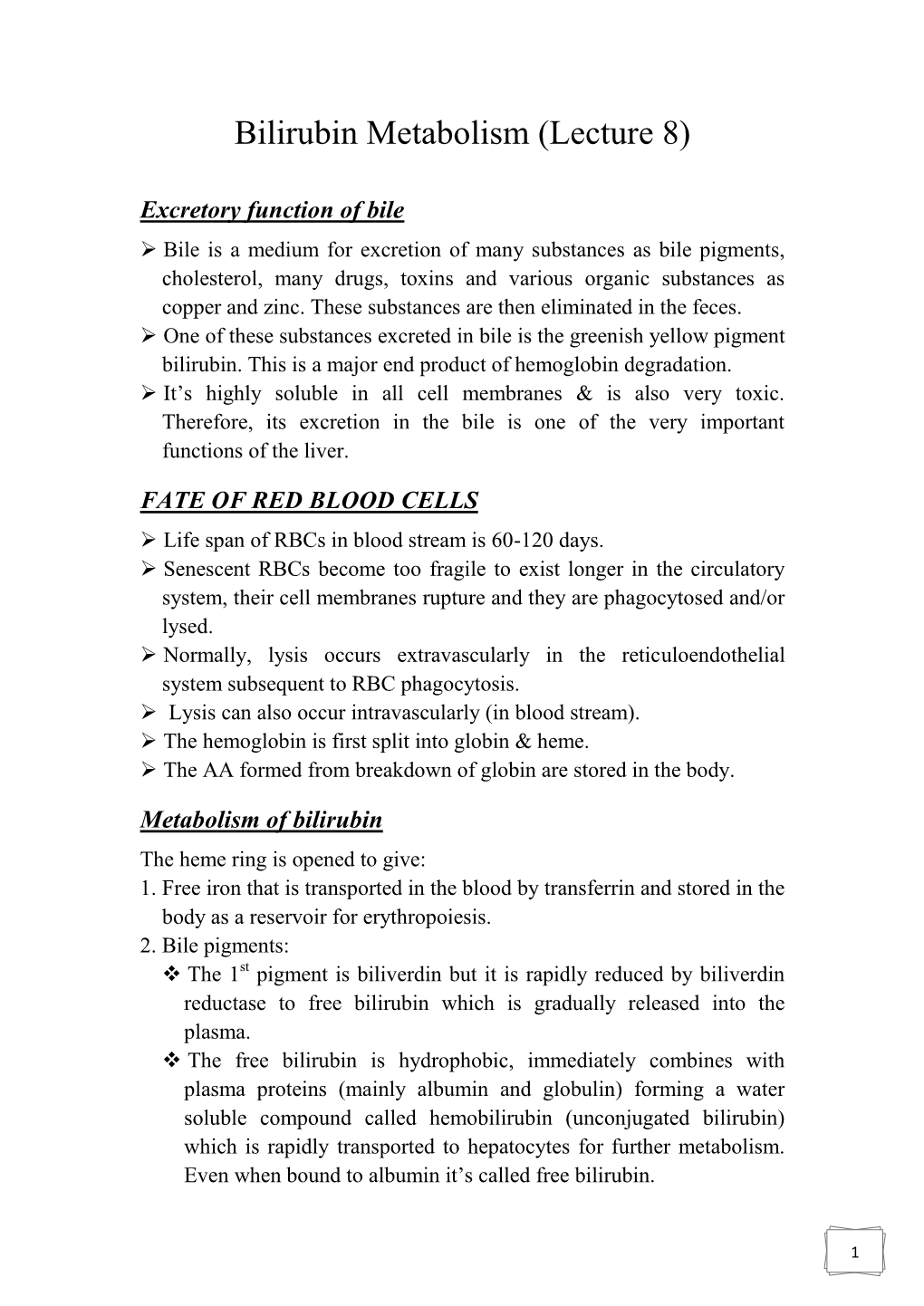 Bilirubin Metabolism (Lecture 8)