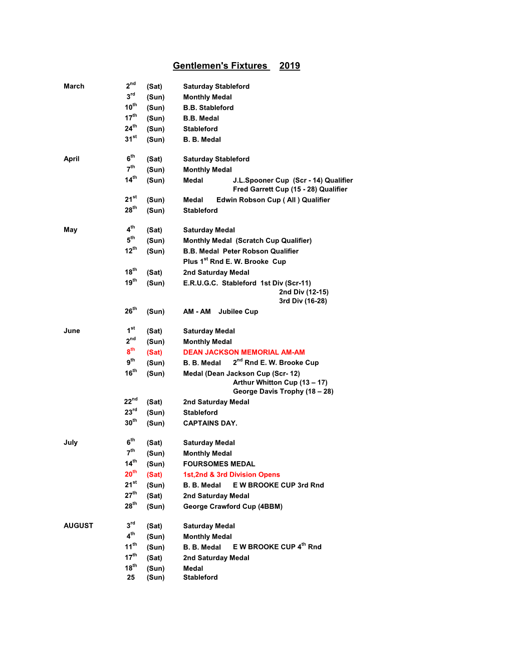 Gentlemen's Fixtures 2019