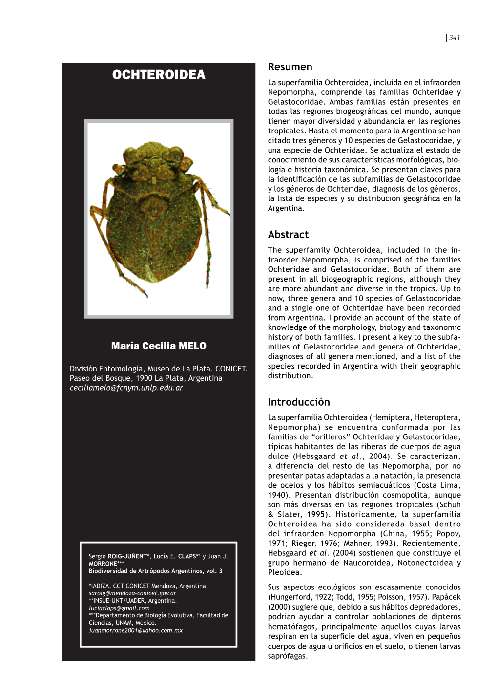 OCHTEROIDEA La Superfamilia Ochteroidea, Incluida En El Infraorden Nepomorpha, Comprende Las Familias Ochteridae Y Gelastocoridae