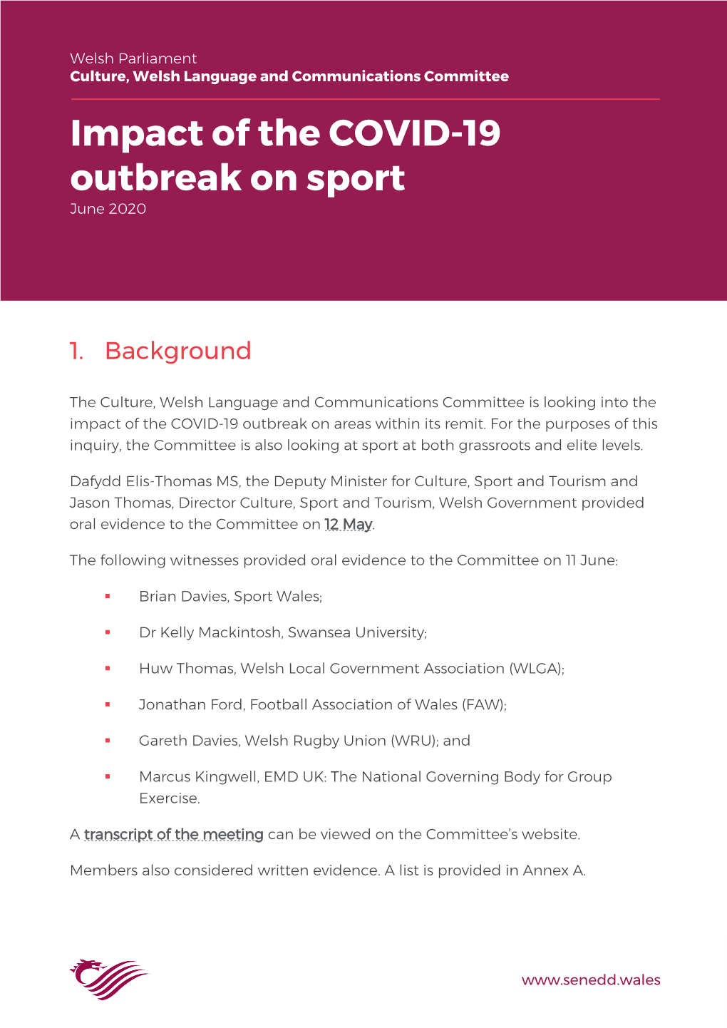 Impact of the COVID-19 Outbreak on Sport June 2020