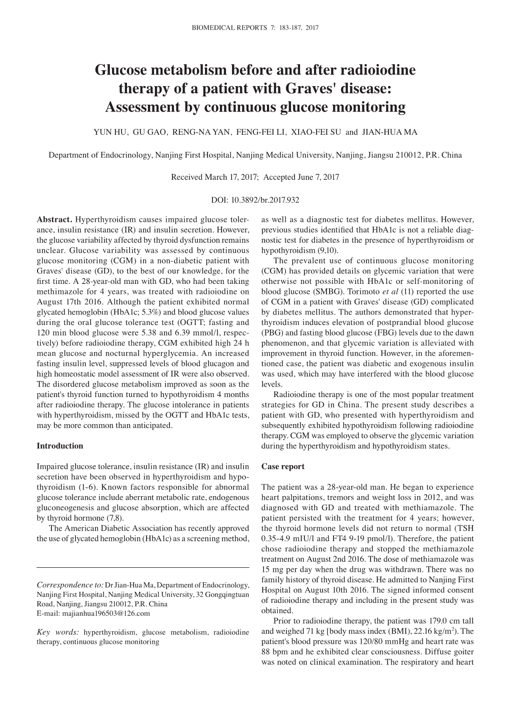 Glucose Metabolism Before and After Radioiodine Therapy of a Patient with Graves' Disease: Assessment by Continuous Glucose Monitoring