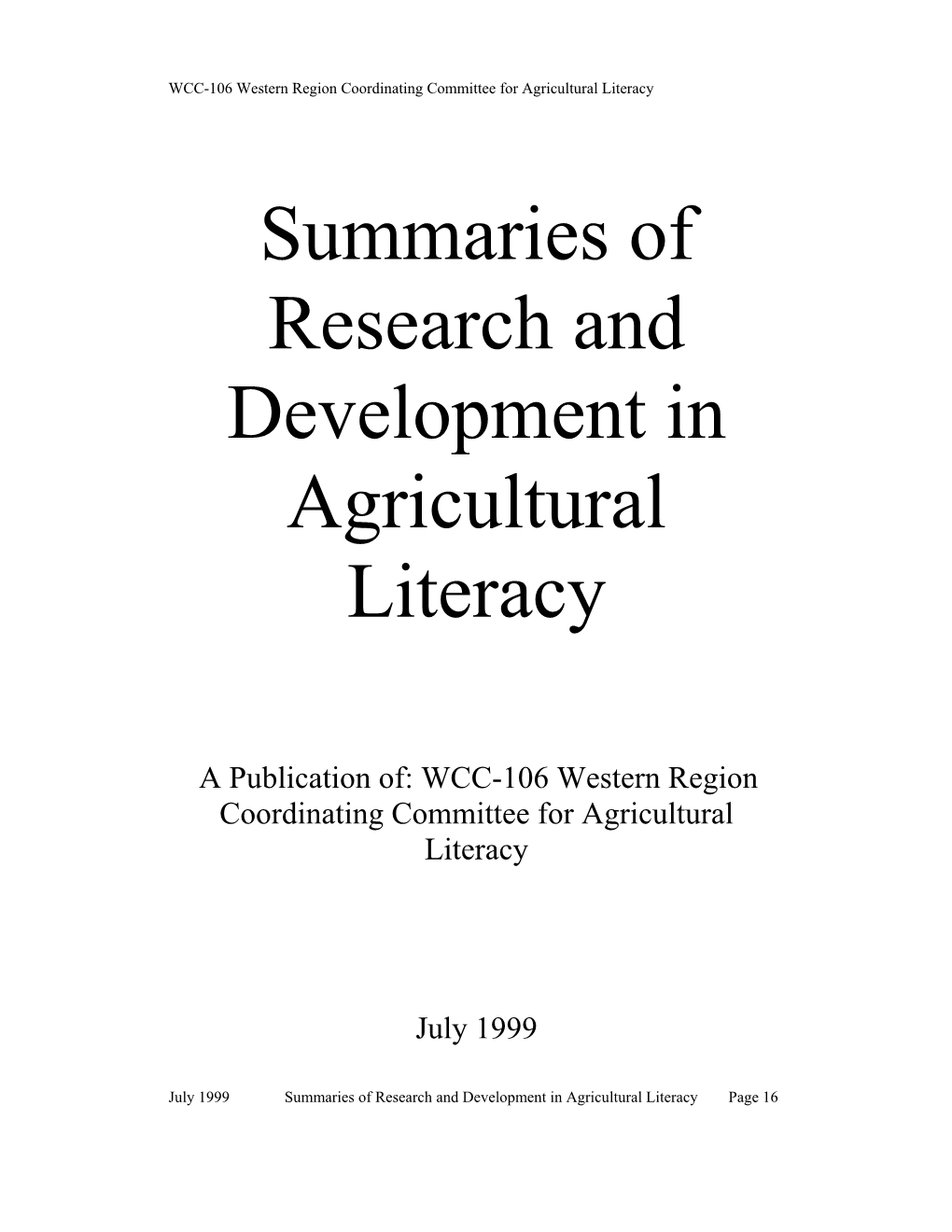 Summaries of Research and Development in Agricultural Literacy