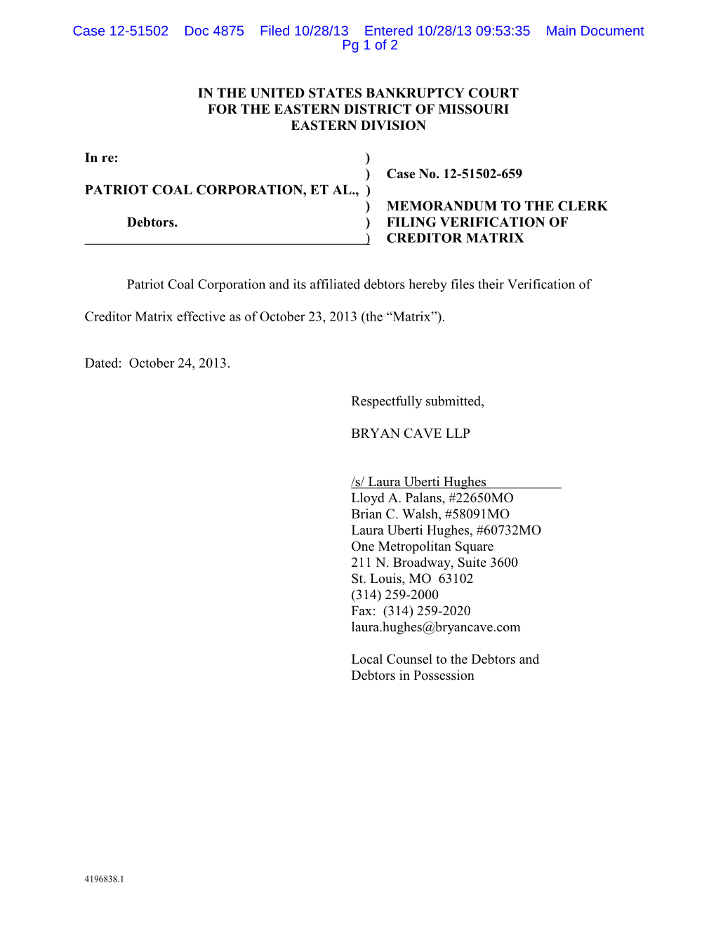 Case 12-51502 Doc 4875 Filed 10/28/13 Entered 10/28/13 09:53:35 Main Document Pg 1 of 2