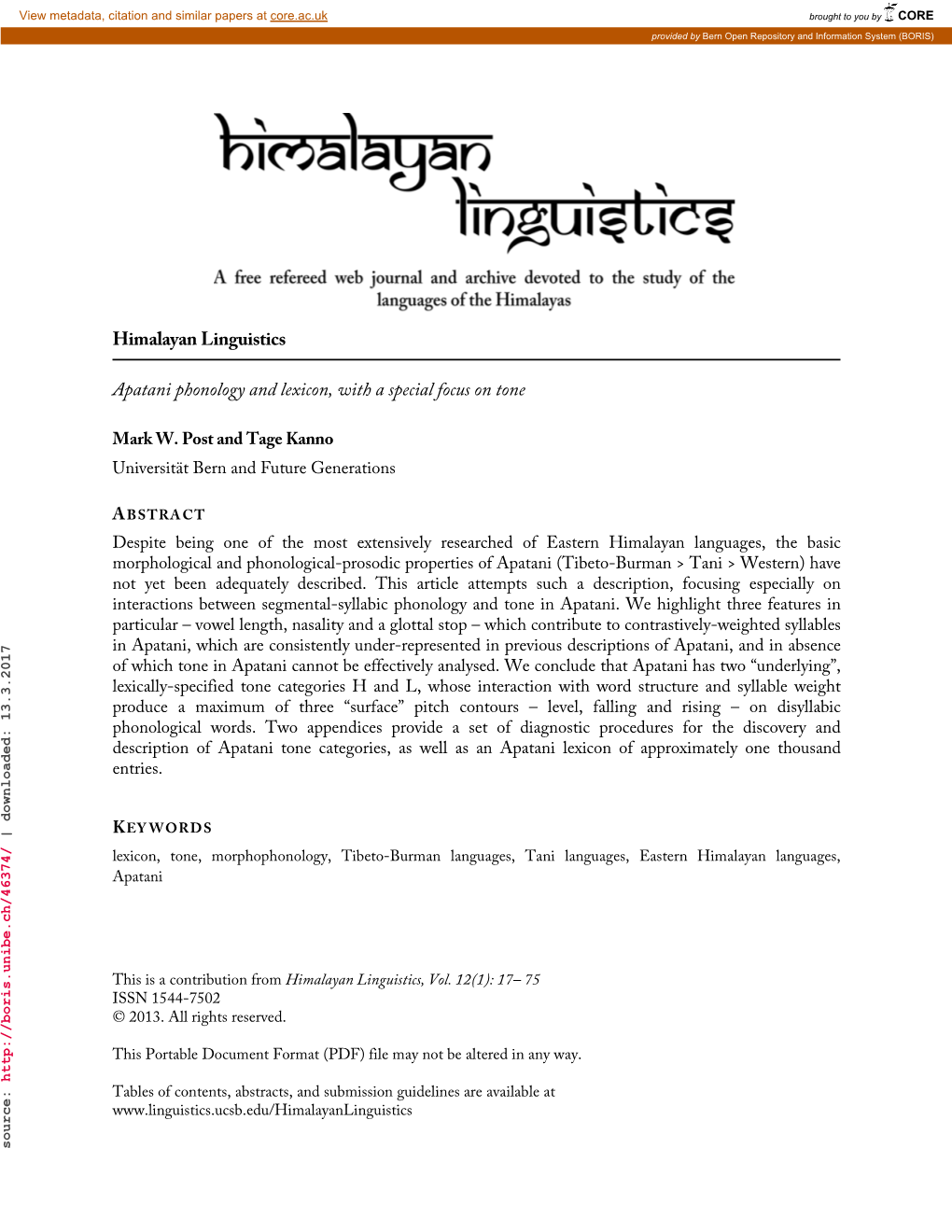 Himalayan Linguistics Apatani Phonology and Lexicon