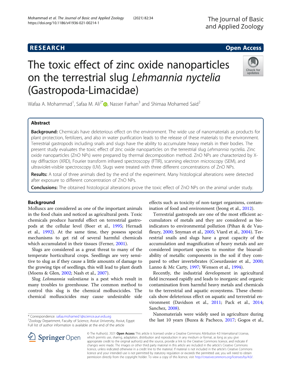 The Toxic Effect of Zinc Oxide Nanoparticles on the Terrestrial Slug Lehmannia Nyctelia (Gastropoda-Limacidae) Wafaa A