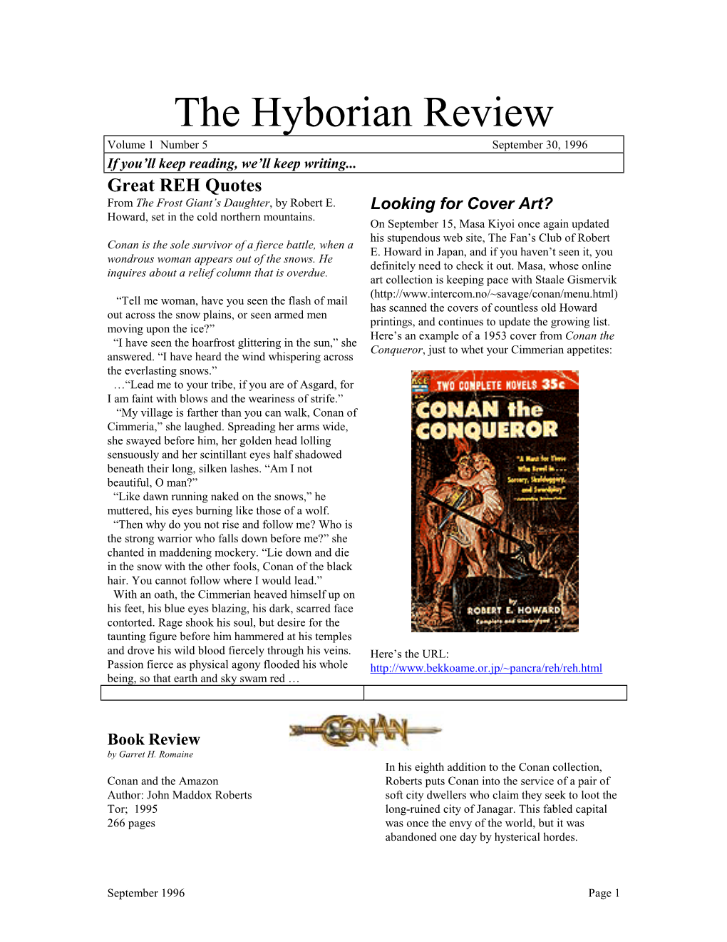 The Hyborian Review Volume 1 Number 5 September 30, 1996 If You’Ll Keep Reading, We’Ll Keep Writing