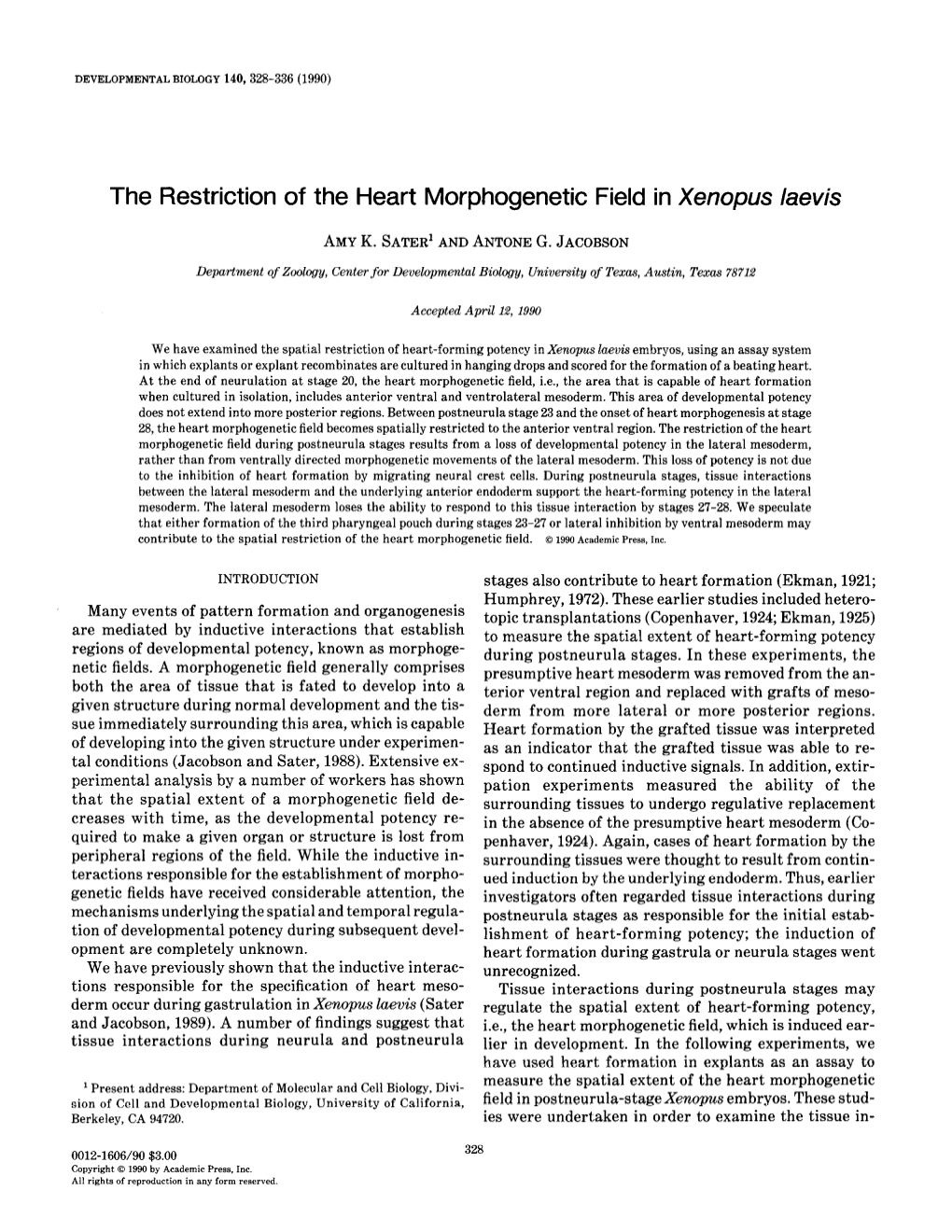 The Restriction of the Heart Morphogenetic Field in Xenopus Levis