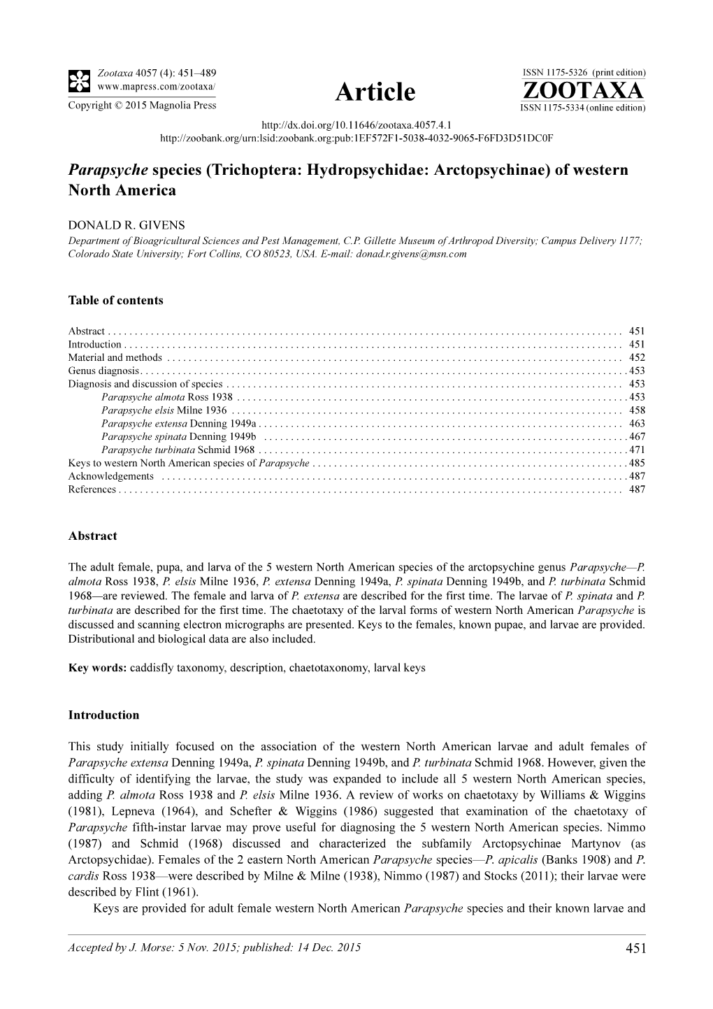 Parapsyche Species (Trichoptera: Hydropsychidae: Arctopsychinae) of Western North America