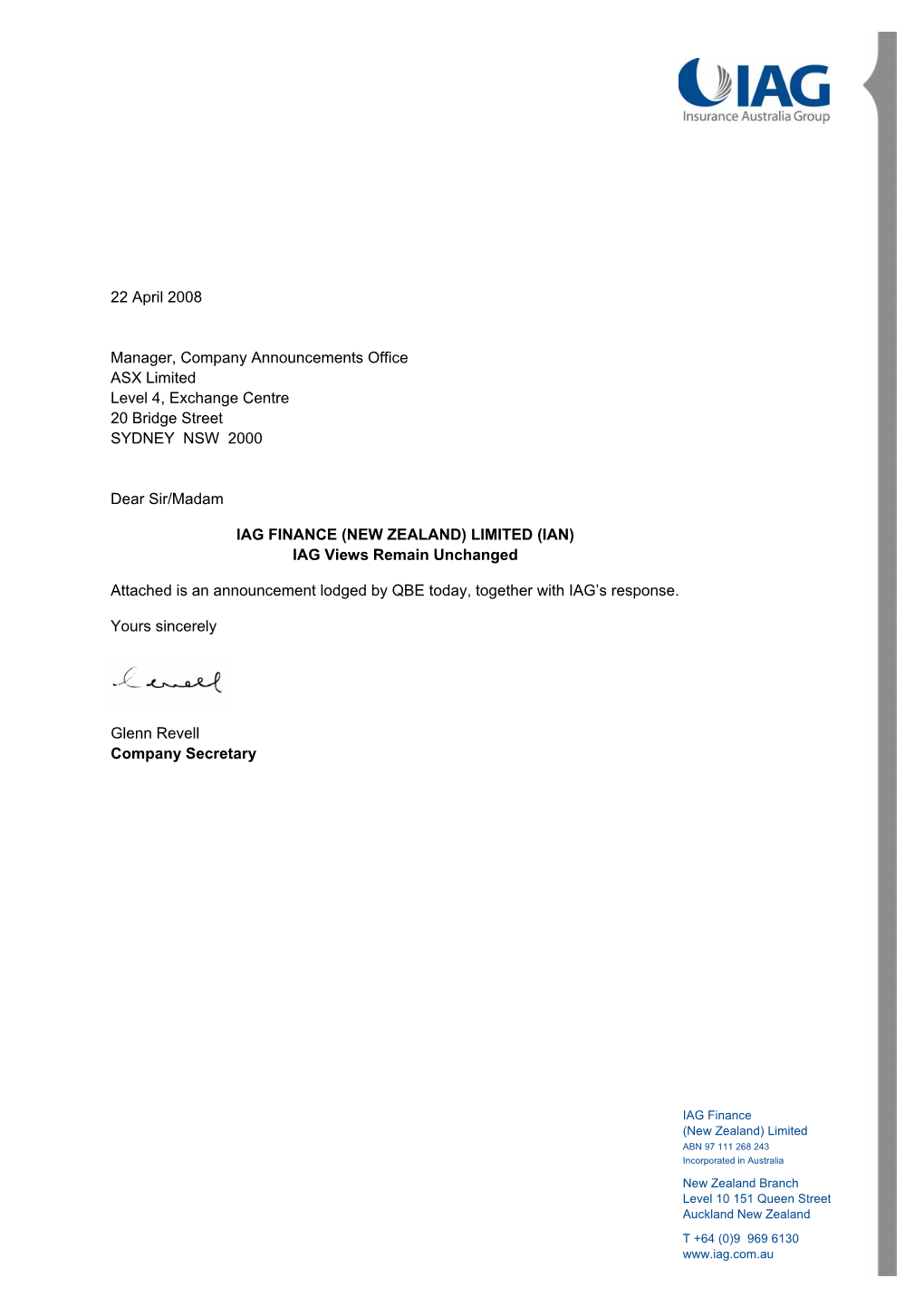 22 April 2008 Manager, Company Announcements Office ASX Limited