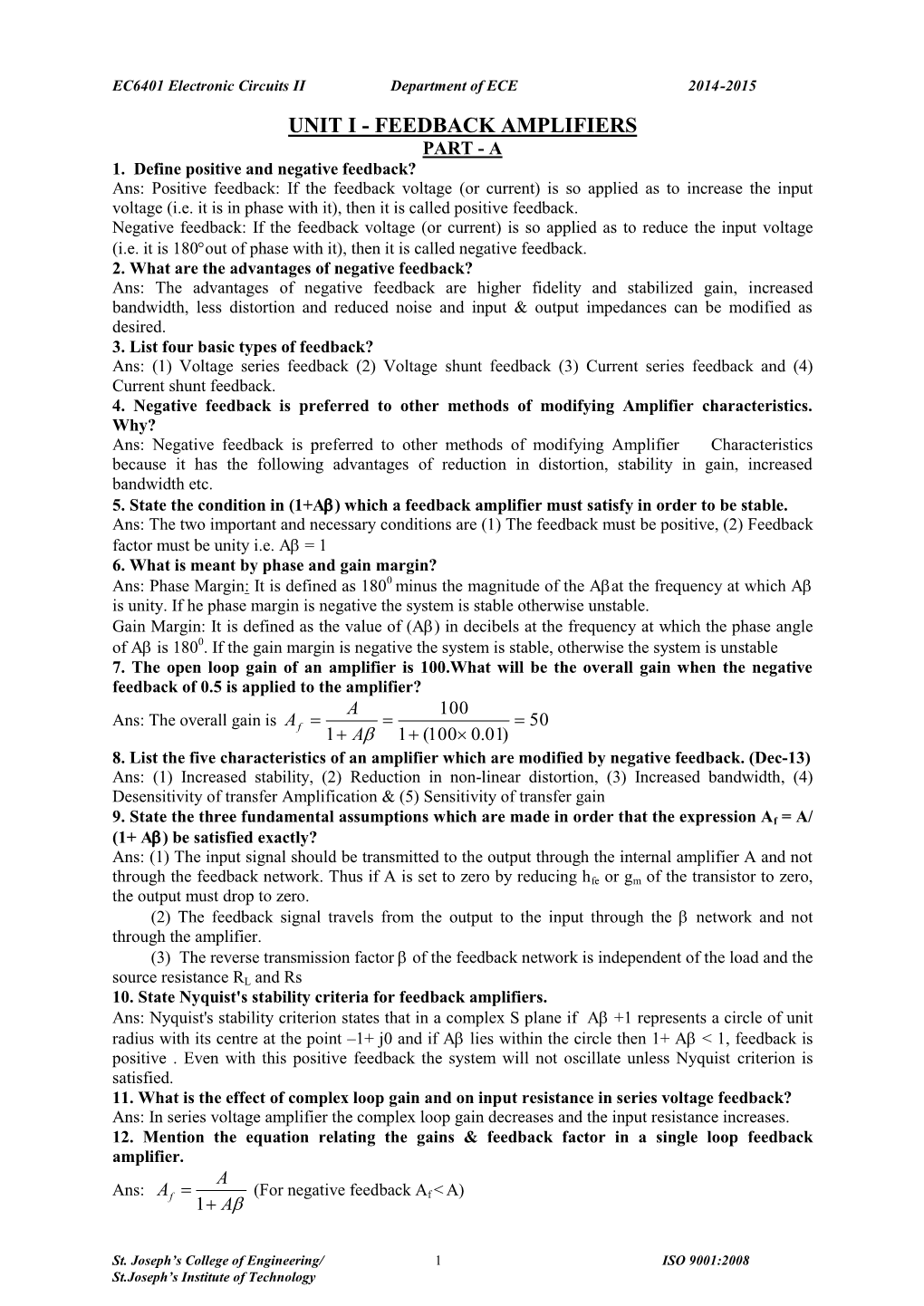 Unit I - Feedback Amplifiers Part - a 1