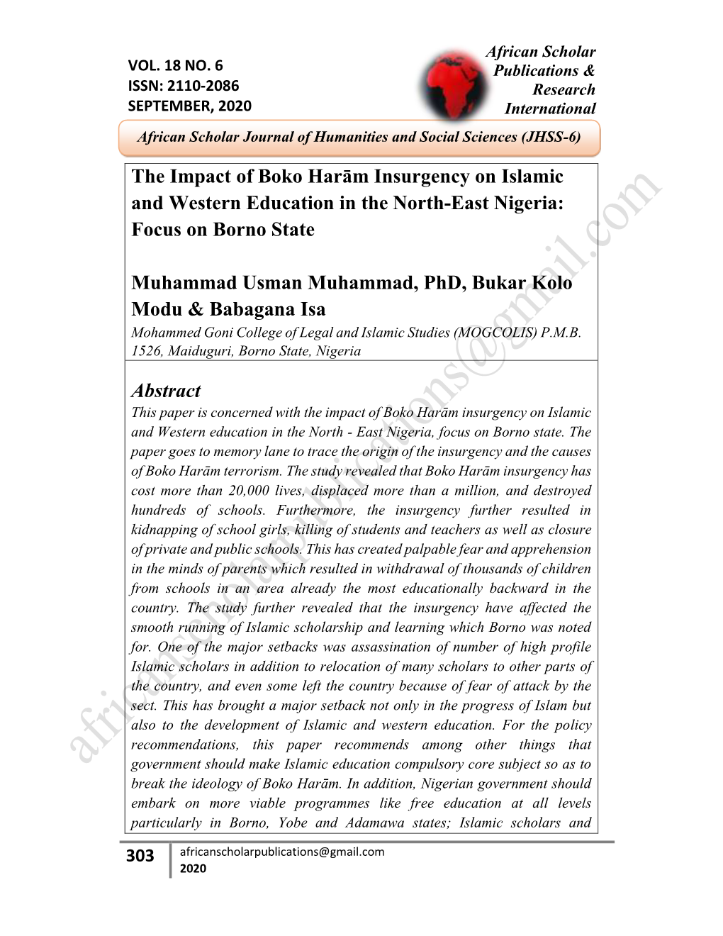 The Impact of Boko Harām Insurgency on Islamic and Western Education in the North-East Nigeria: Focus on Borno State