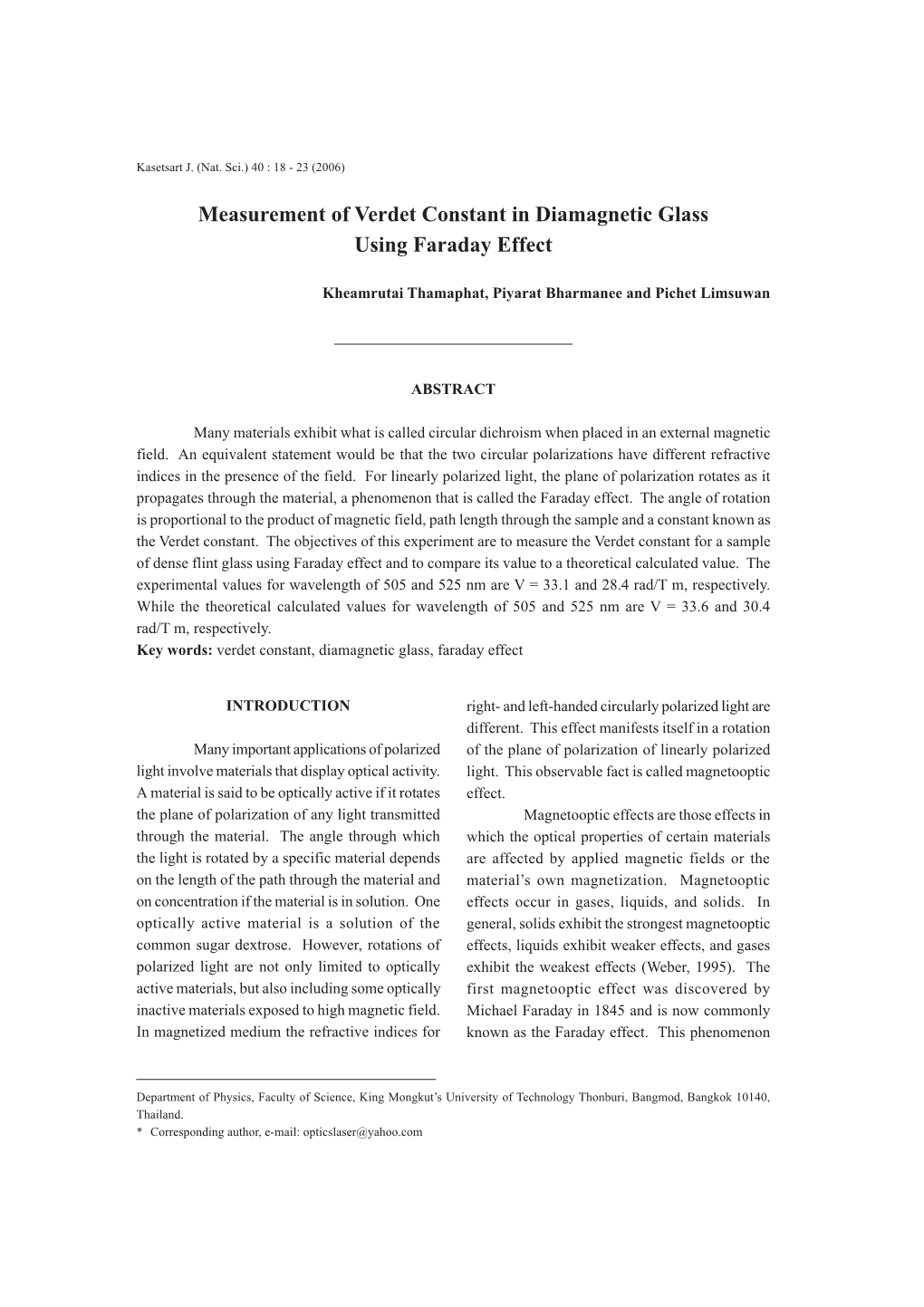 Measurement of Verdet Constant in Diamagnetic Glass Using Faraday Effect