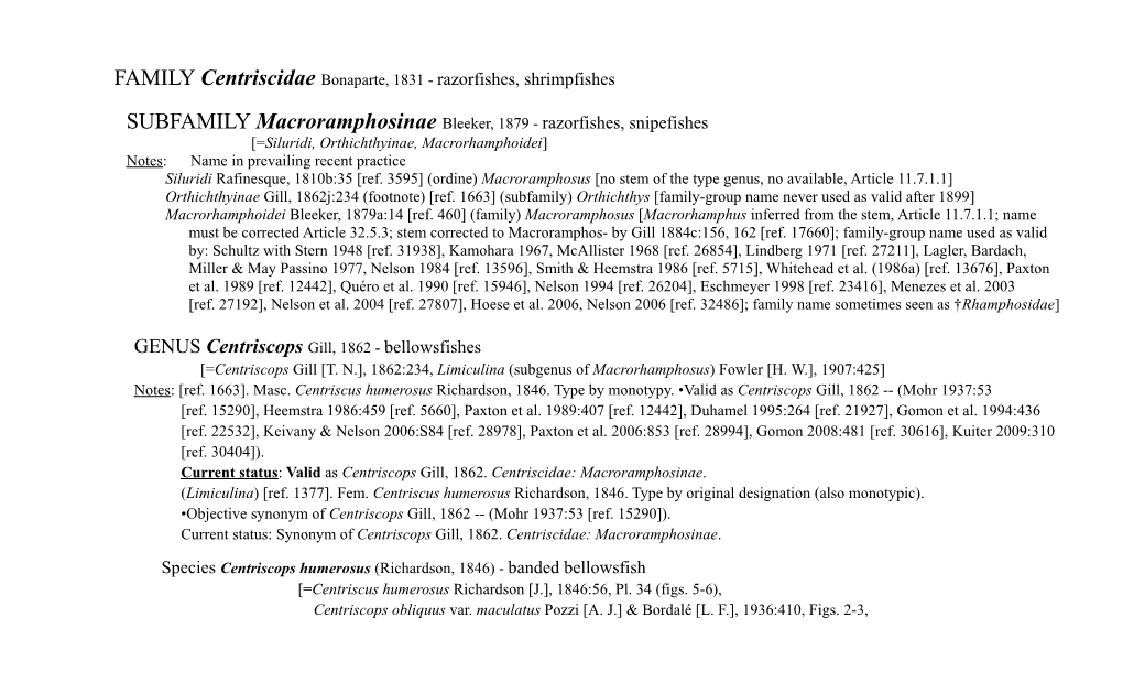 Centriscidae Bonaparte, 1831 - Razorfishes, Shrimpfishes