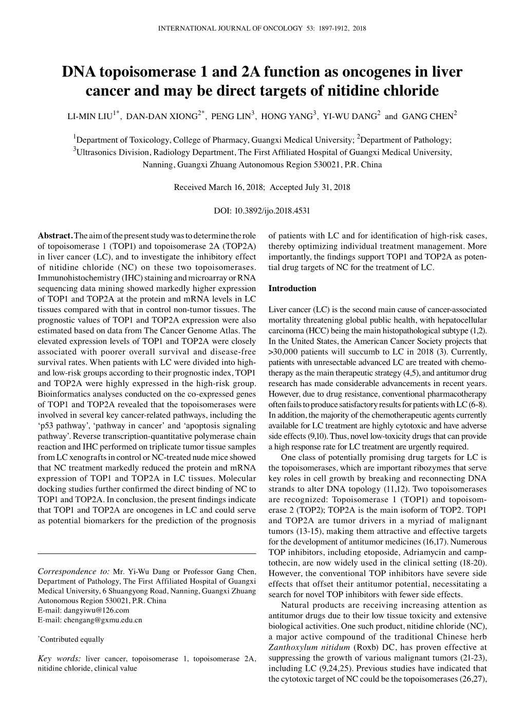 DNA Topoisomerase 1 and 2A Function As Oncogenes in Liver Cancer and May Be Direct Targets of Nitidine Chloride