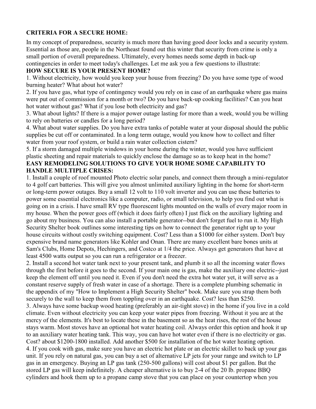 CRITERIA for a SECURE HOME: in My Concept of Preparedness, Security Is Much More Than Having Good Door Locks and a Security System