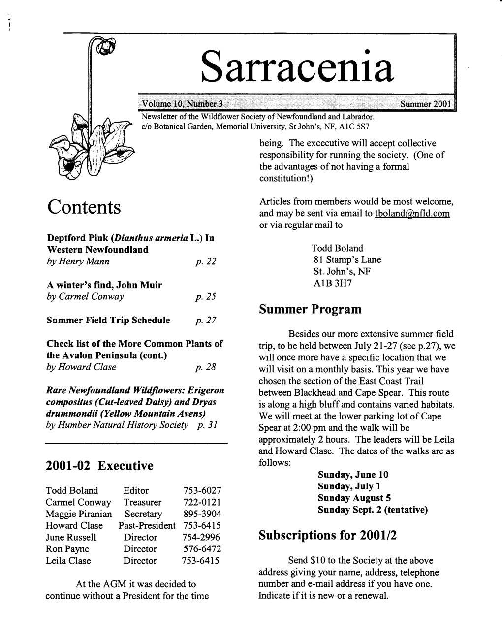 Sarracenia Summer2001 Newsletter of the Wildflower Society Ofnewfoundland and Labrador