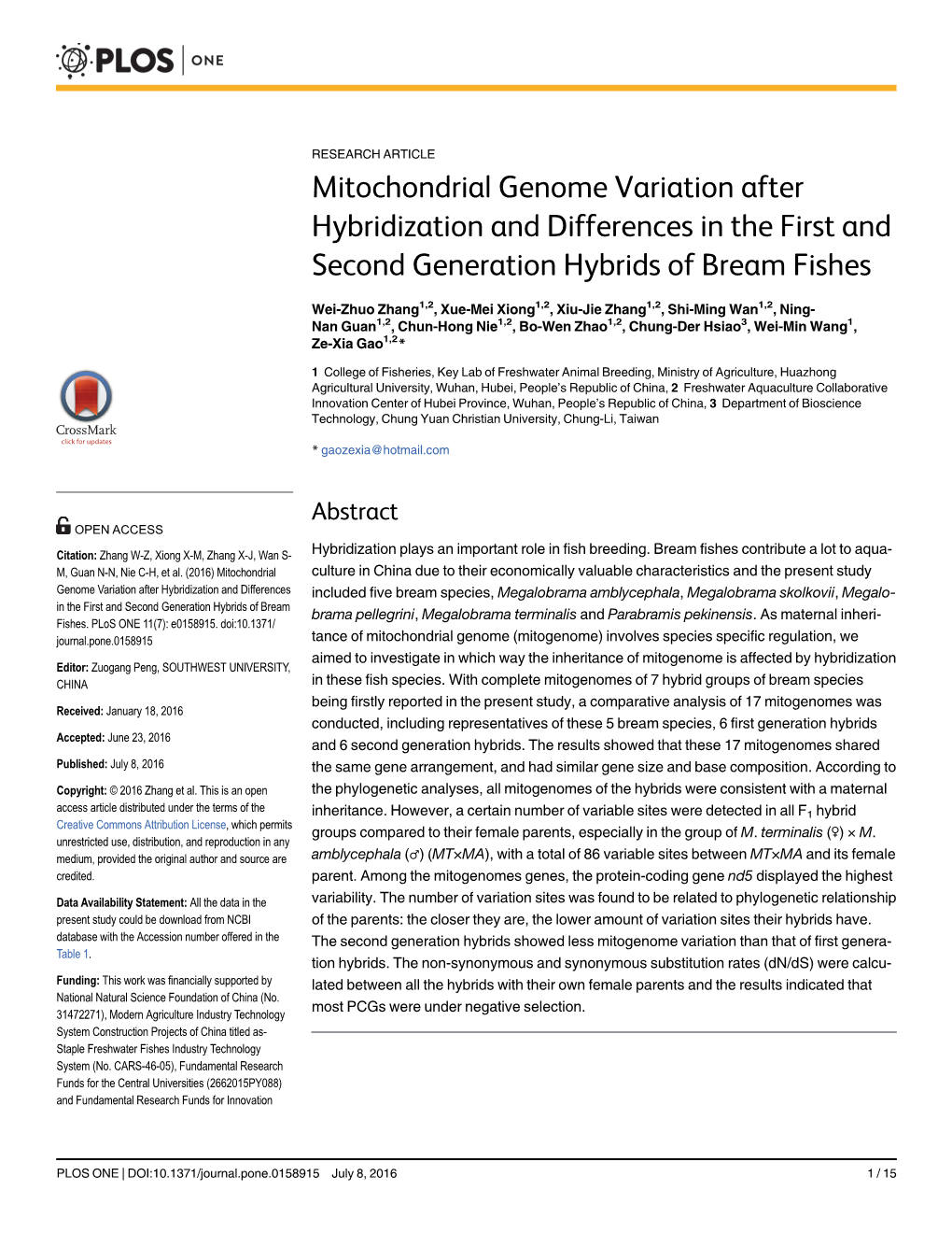 Mitochondrial Genome Variation After Hybridization and Differences in the First and Second Generation Hybrids of Bream Fishes