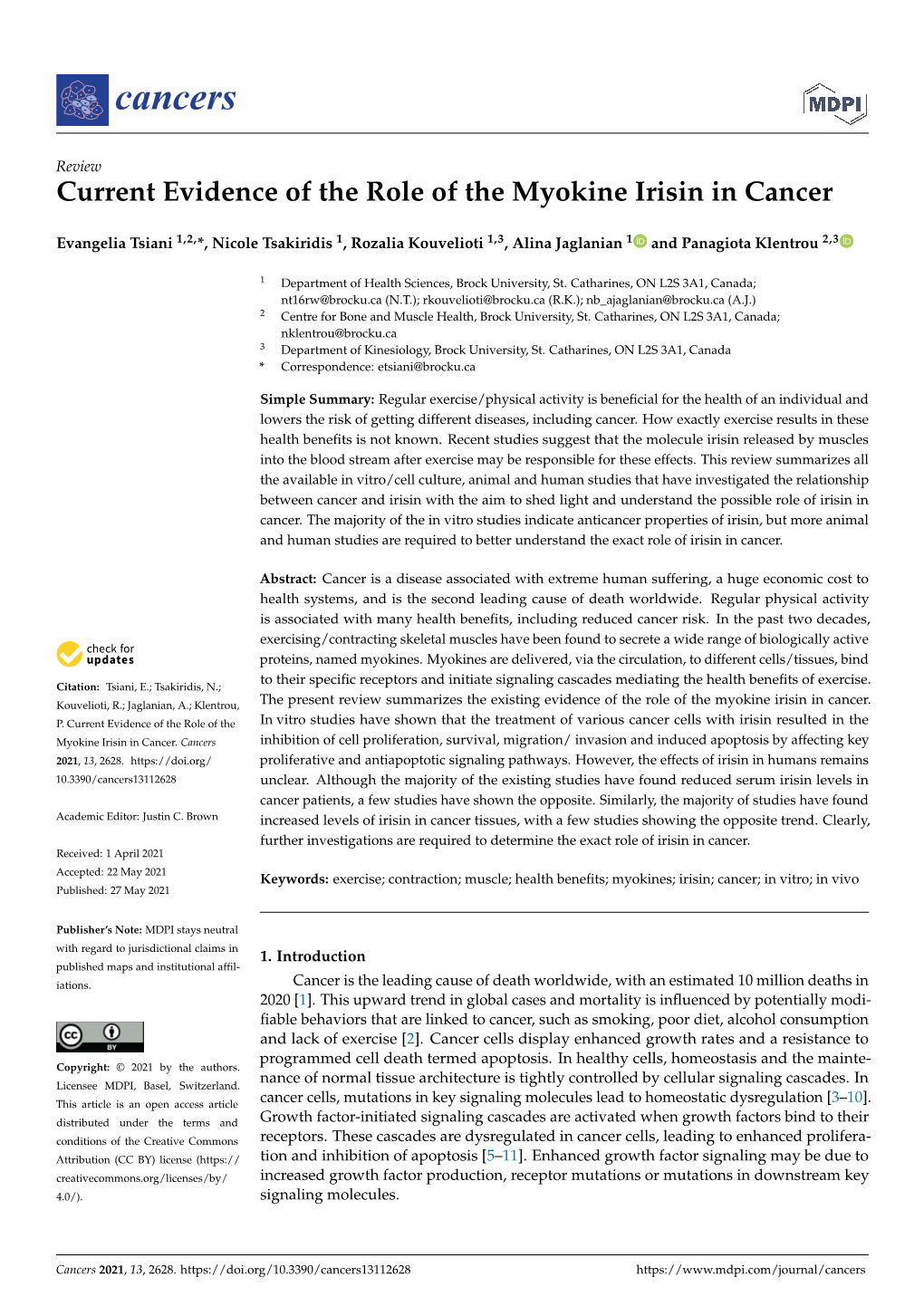 Current Evidence of the Role of the Myokine Irisin in Cancer