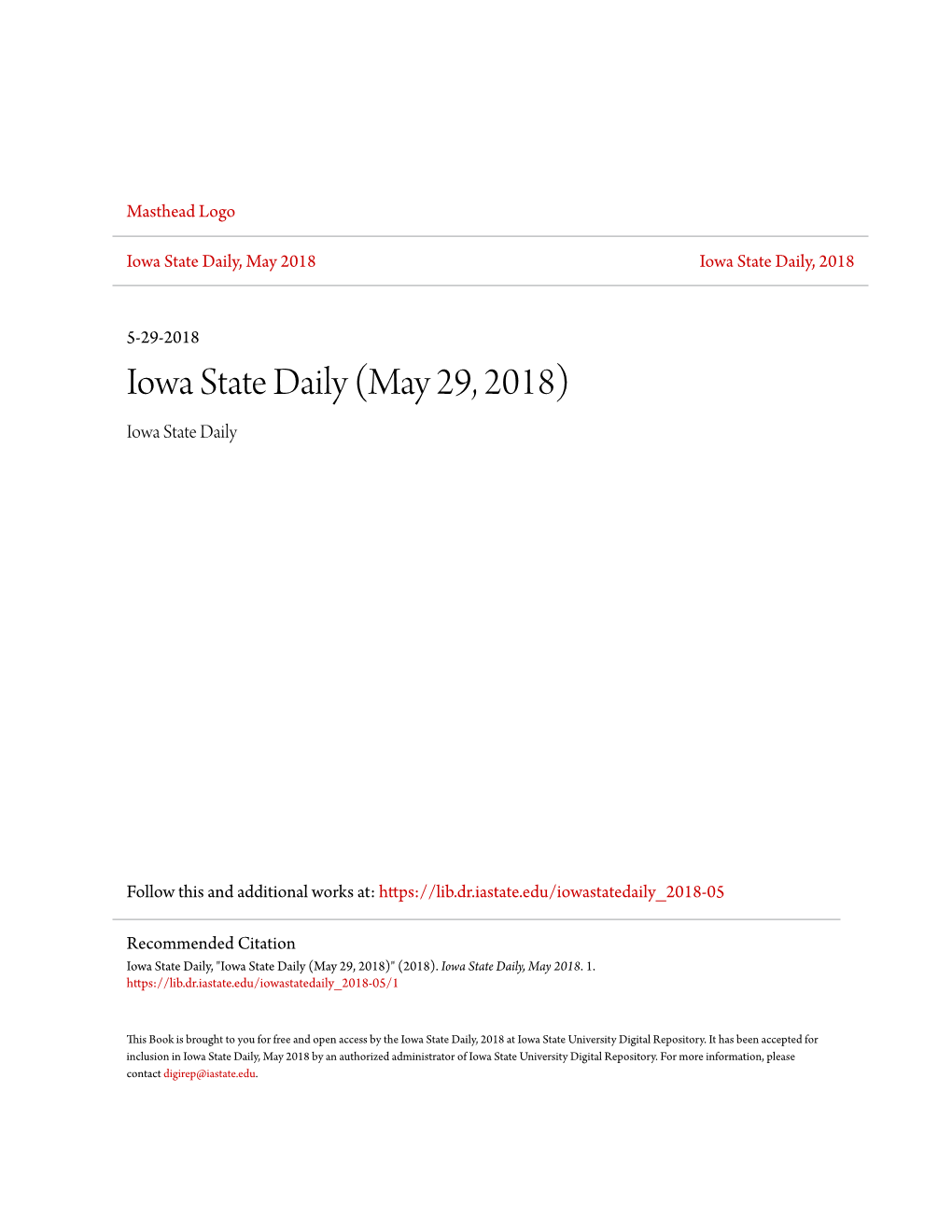 Iowa State Daily, May 2018 Iowa State Daily, 2018