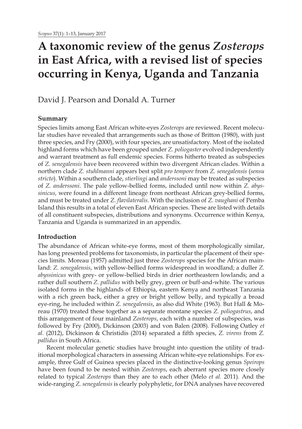 A Taxonomic Review of the Genus Zosterops in East Africa, with a Revised List of Species Occurring in Kenya, Uganda and Tanzania