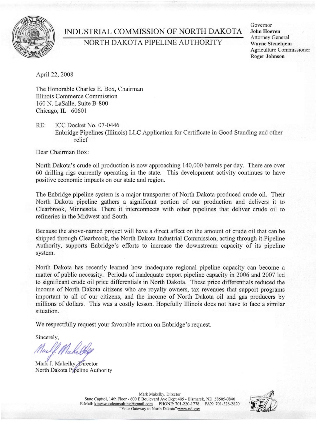 Enbridge Support Letter to the Illinois Commerce Commission