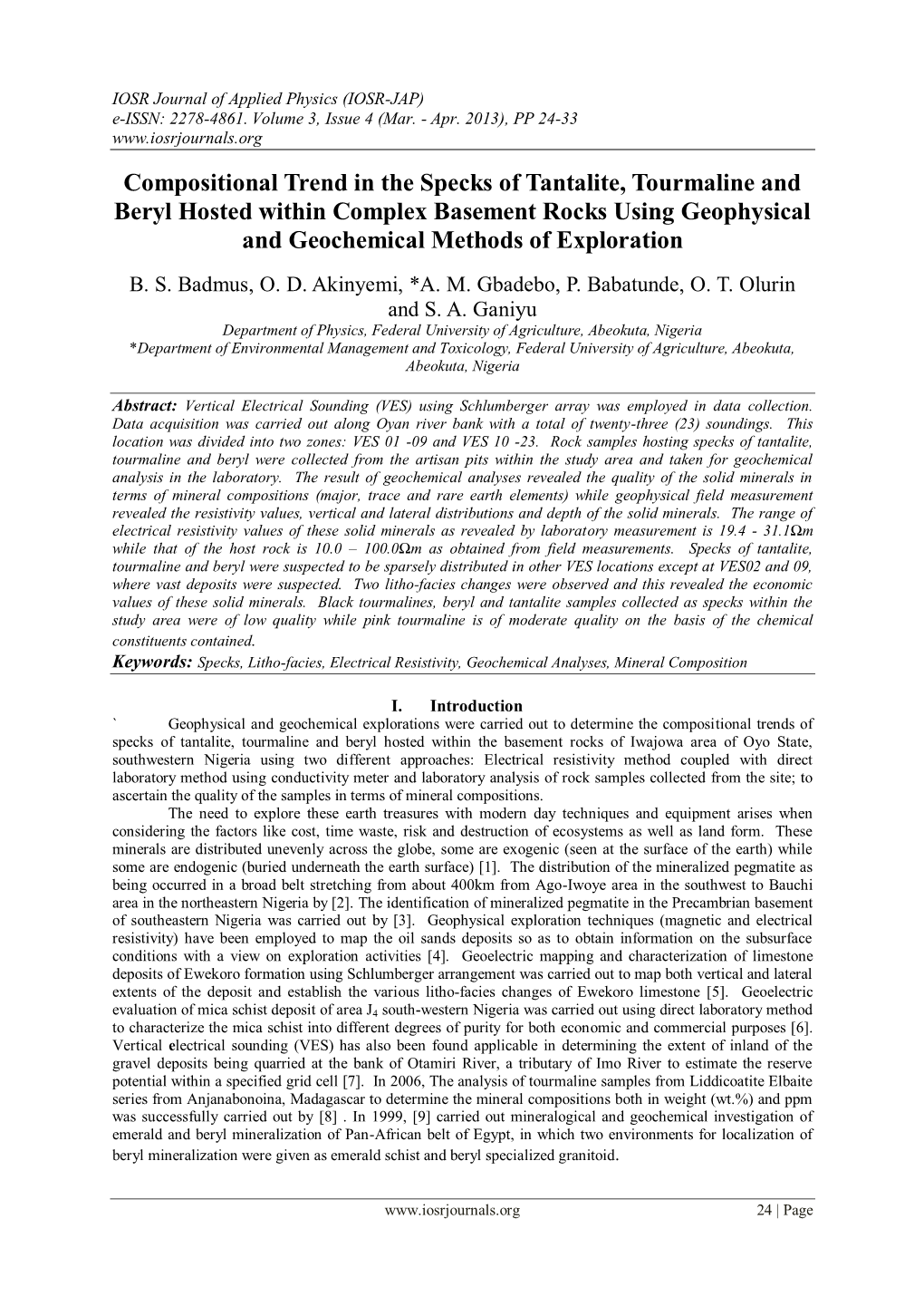 Compositional Trend in the Specks of Tantalite, Tourmaline and Beryl Hosted Within Complex Basement Rocks Using Geophysical and Geochemical Methods of Exploration