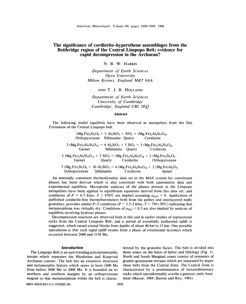 The Significance of Cordierite-Hypersthene Assemblages from the Beitbridge Region of the Central Limpopo Belt; Evidence for Rapid Decompression in the Archaean?