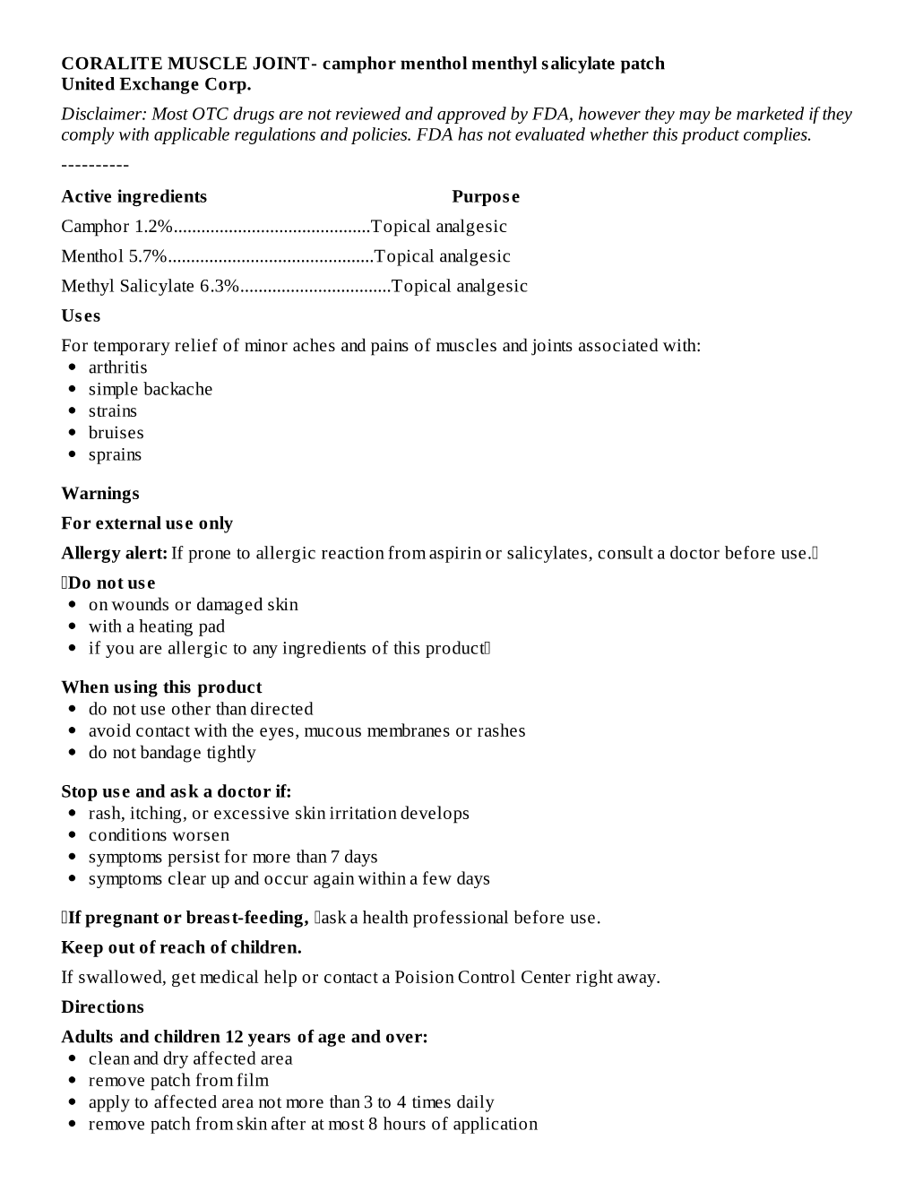 CORALITE MUSCLE JOINT- Camphor Menthol Menthyl Salicylate Patch United Exchange Corp