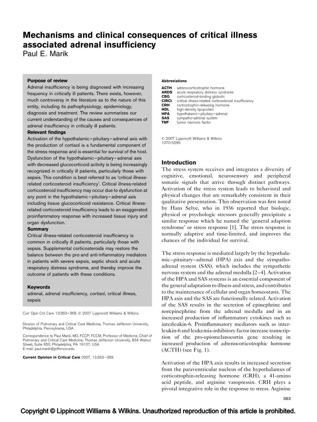 Mechanisms and Clinical Consequences of Critical Illness Associated Adrenal Insufﬁciency Paul E