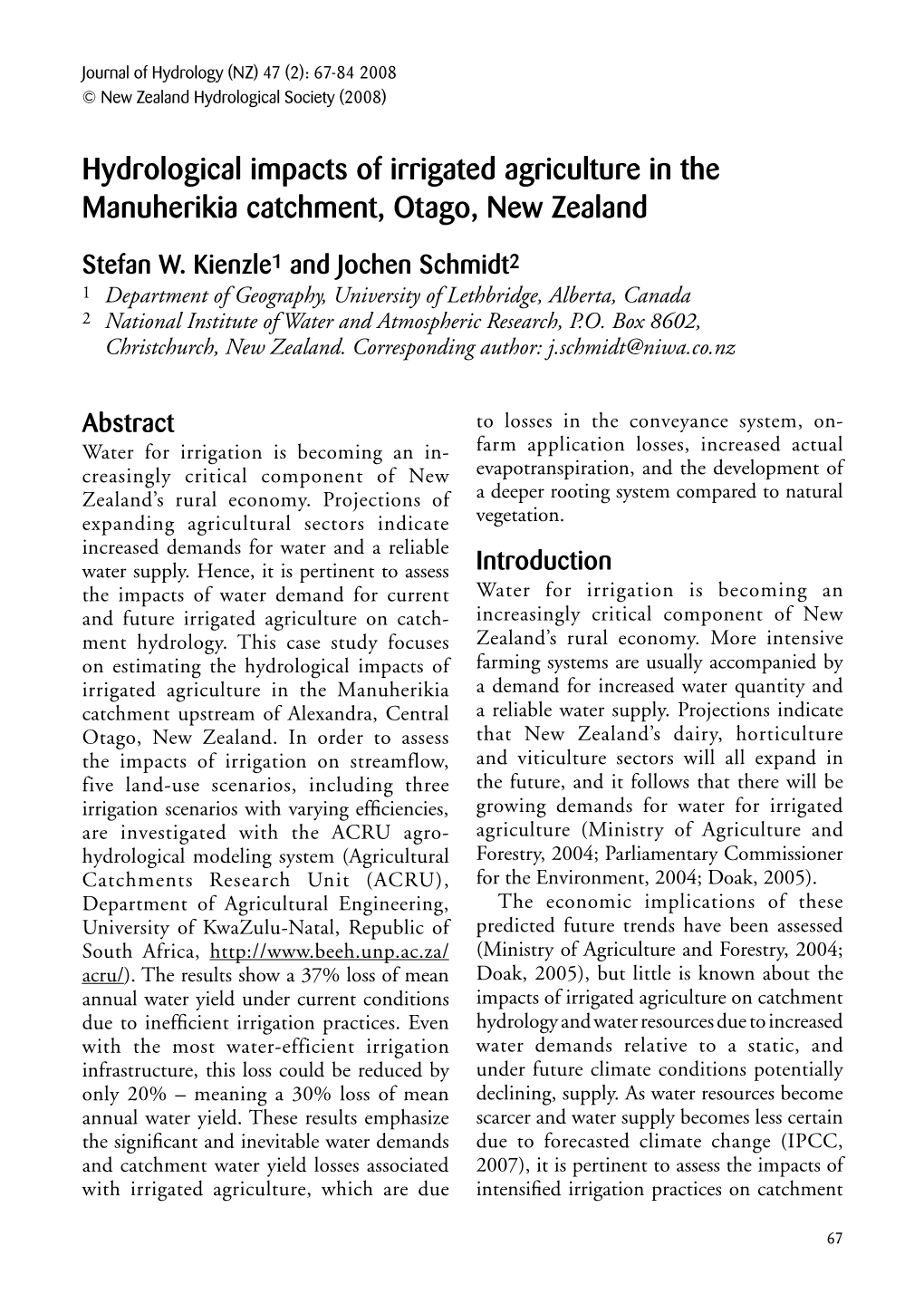 Hydrological Impacts of Irrigated Agriculture in the Manuherikia Catchment, Otago, New Zealand