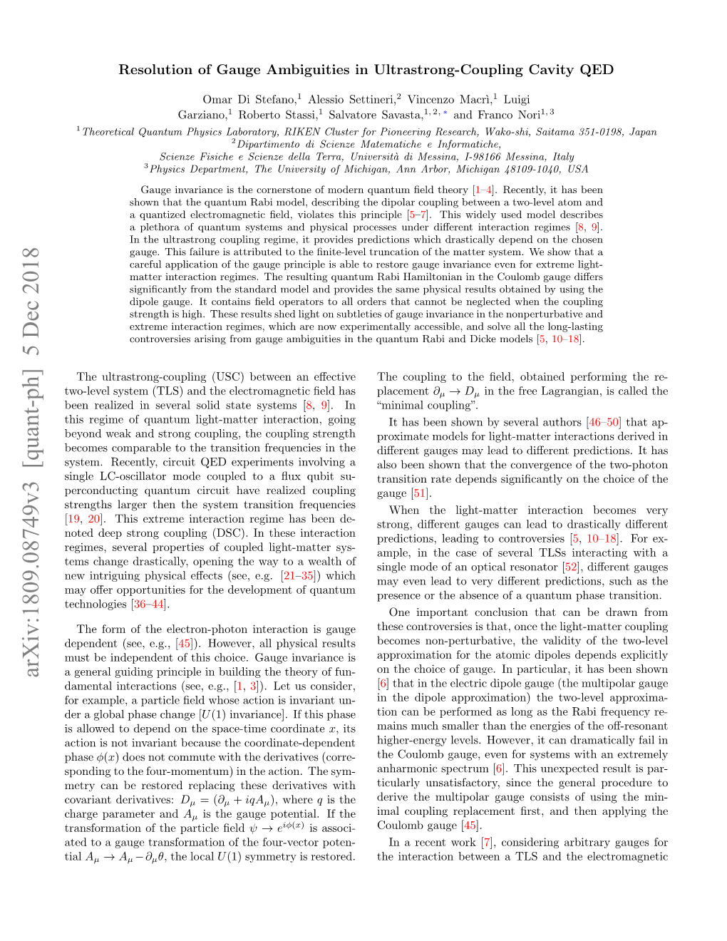 Arxiv:1809.08749V3 [Quant-Ph] 5 Dec 2018 a General Guiding Principle in Building the Theory of Fun- Damental Interactions (See, E.G., [1,3])