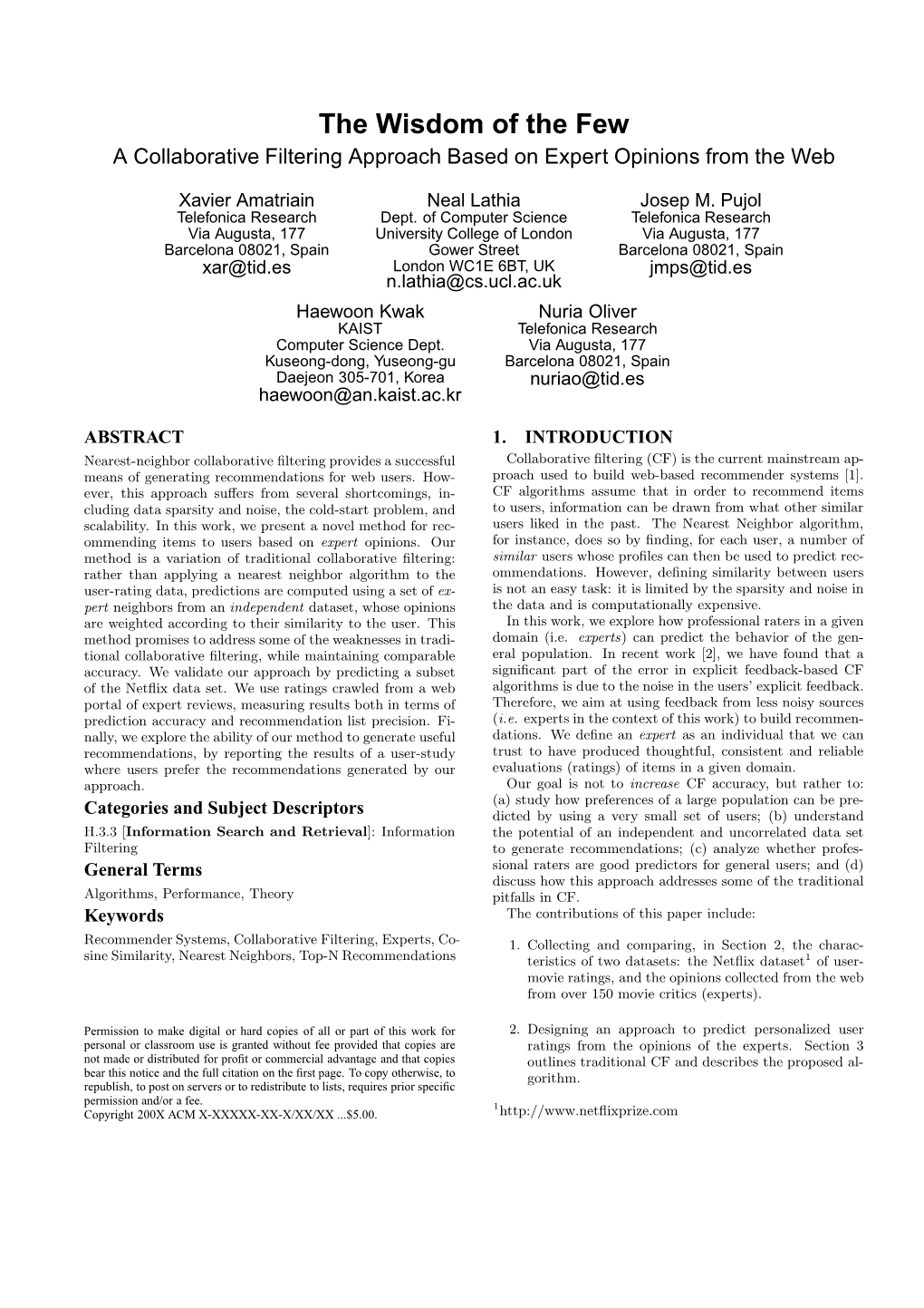 The Wisdom of the Few a Collaborative Filtering Approach Based on Expert Opinions from the Web