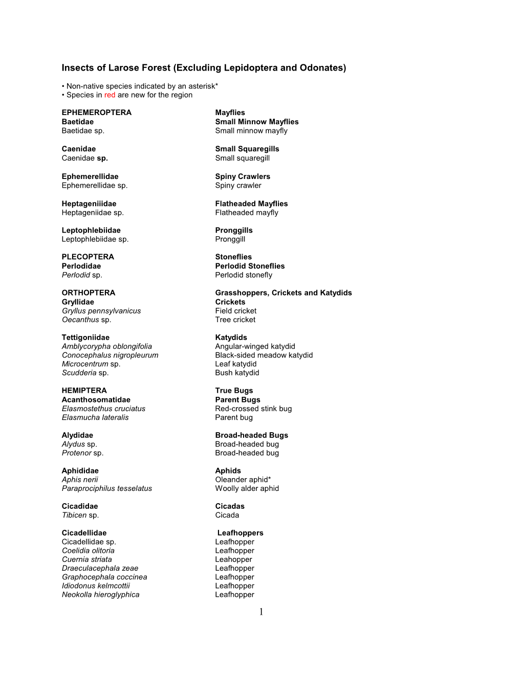 Insects of Larose Forest (Excluding Lepidoptera and Odonates)