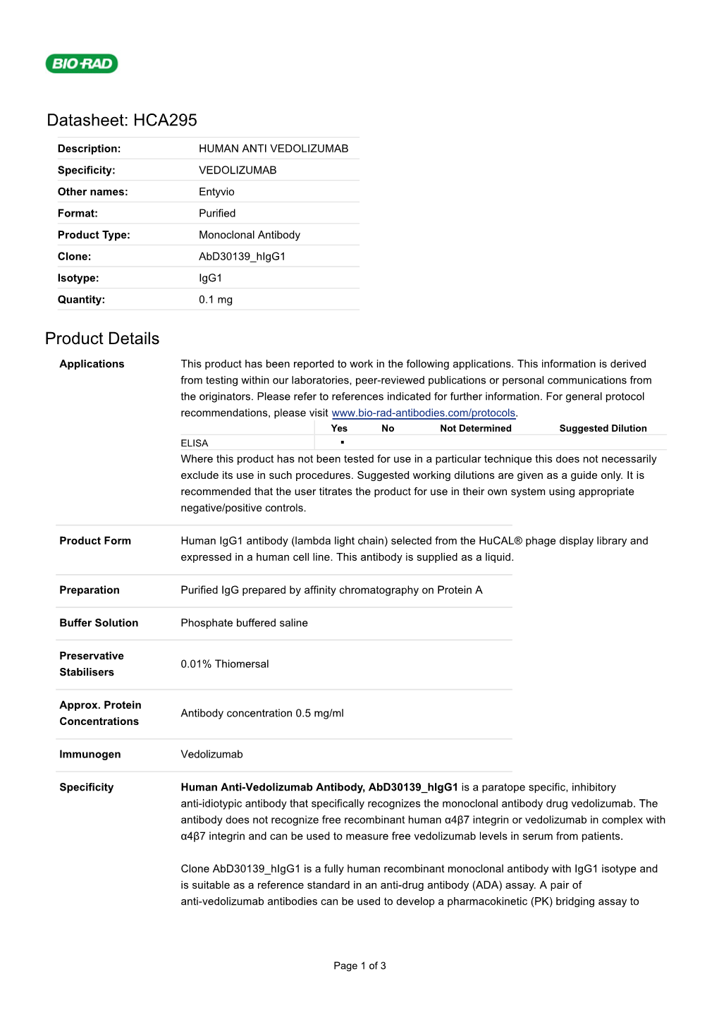 Datasheet: HCA295 Product Details