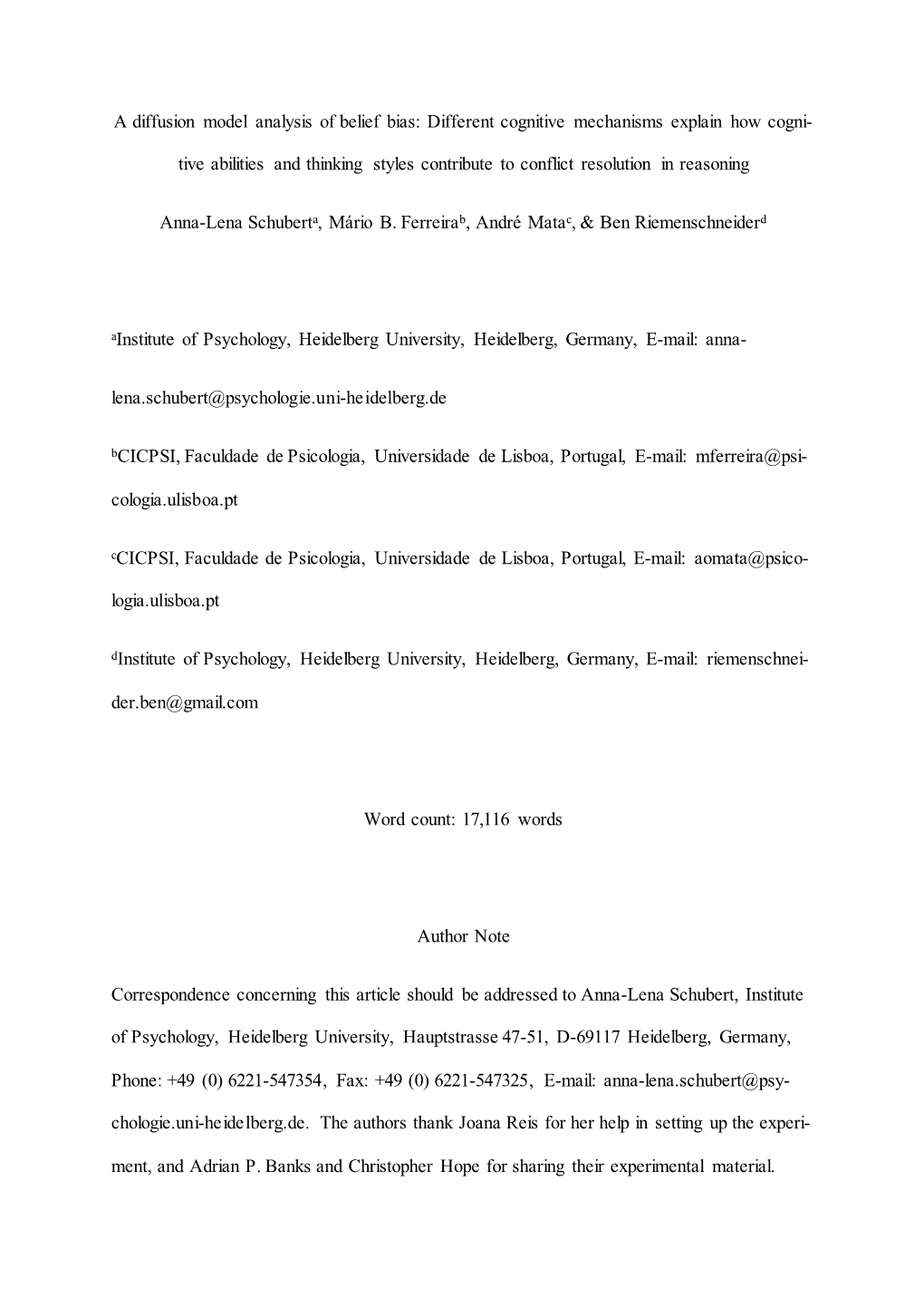 A Diffusion Model Analysis of Belief Bias: Different Cognitive Mechanisms Explain How Cogni