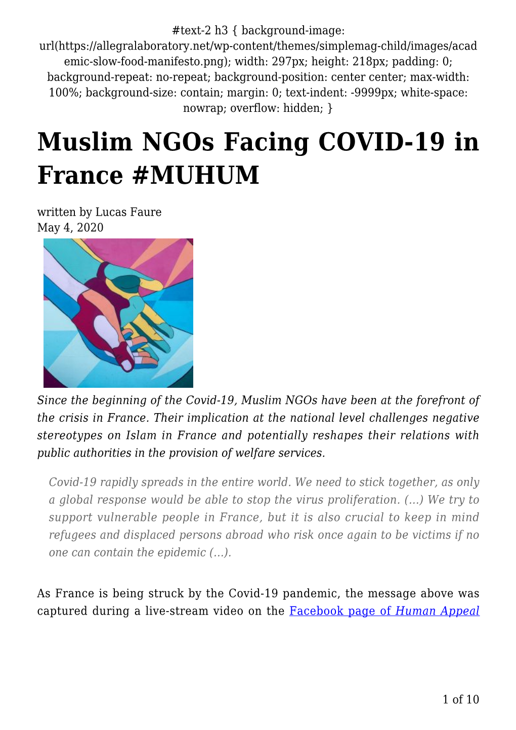 Muslim Ngos Facing COVID-19 in France #MUHUM Written by Lucas Faure May 4, 2020