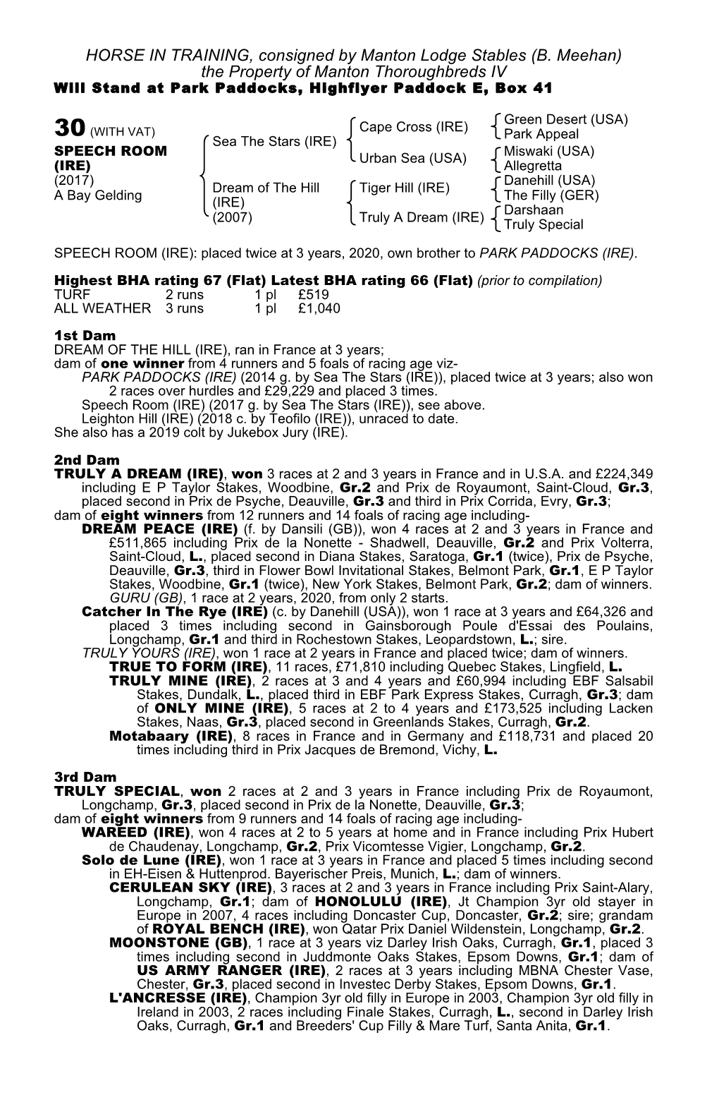 HORSE in TRAINING, Consigned by Manton Lodge Stables (B. Meehan) the Property of Manton Thoroughbreds IV Will Stand at Park Paddocks, Highflyer Paddock E, Box 41
