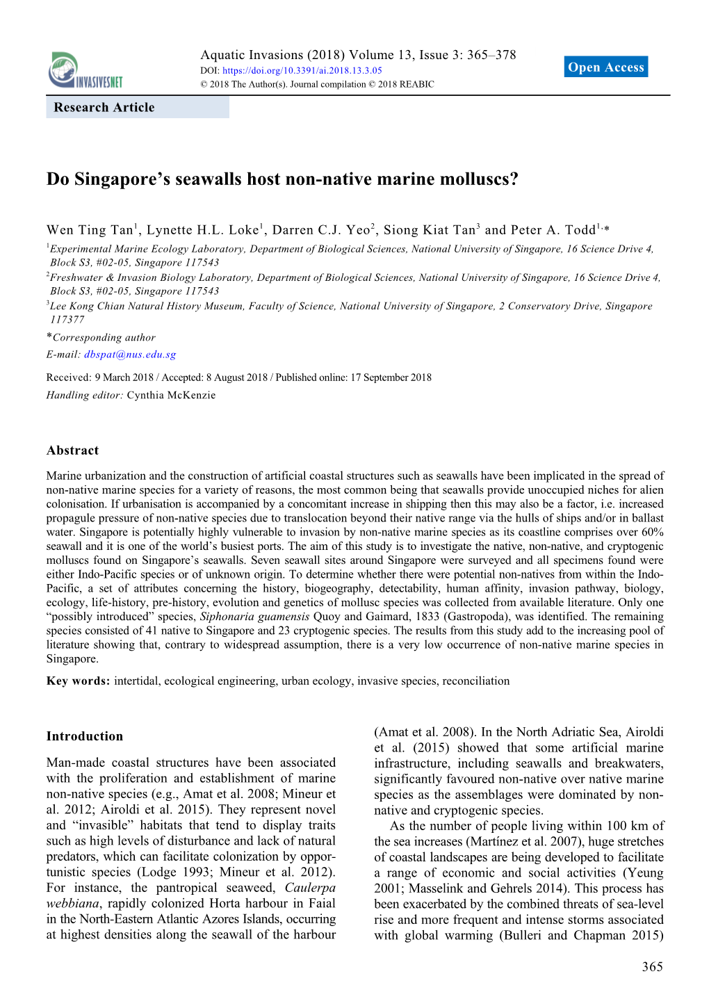 Do Singapore's Seawalls Host Non-Native Marine Molluscs?