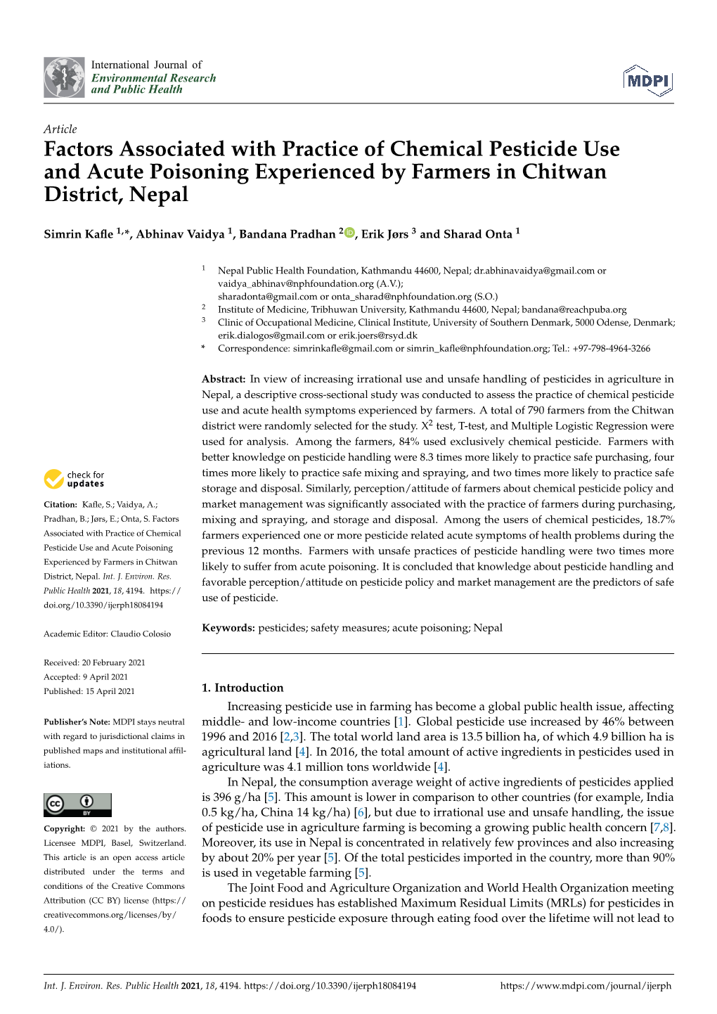 Factors Associated with Practice of Chemical Pesticide Useand Acute