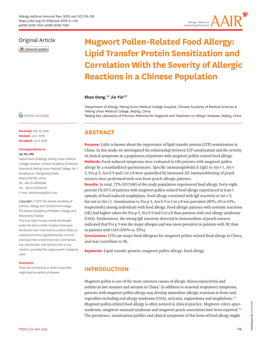 Mugwort Pollen-Related Food Allergy: Lipid Transfer Protein Sensitization and Correlation with the Severity of Allergic Reactions in a Chinese Population