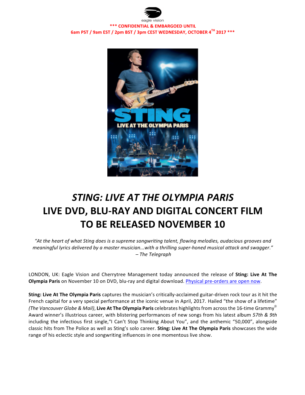 Live at the Olympia Paris Live Dvd, Blu-Ray and Digital Concert Film to Be Released November 10