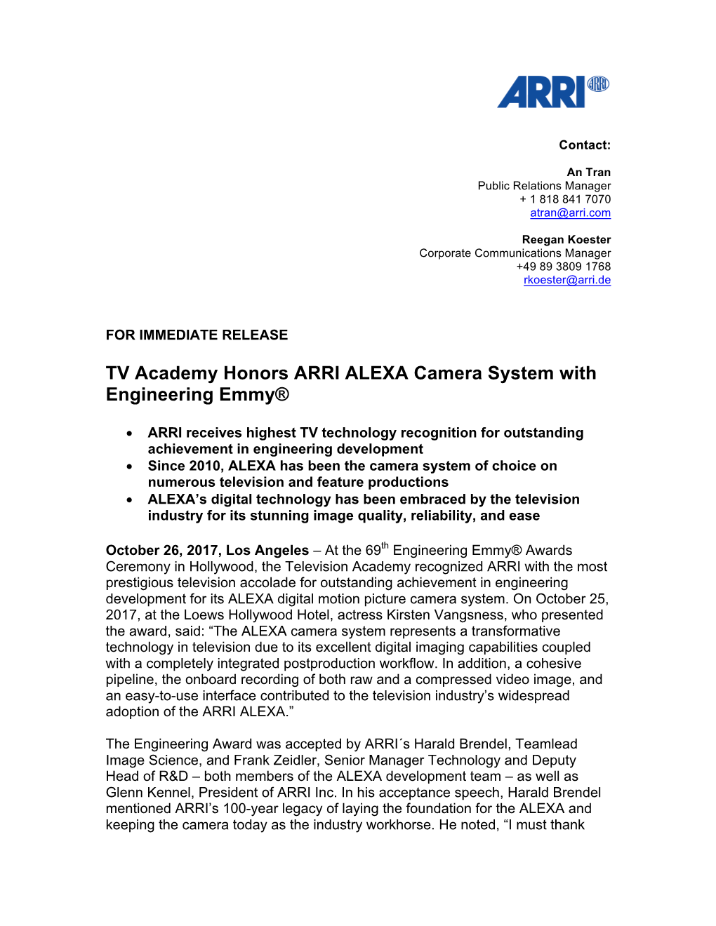 TV Academy Honors ARRI ALEXA Camera System with Engineering Emmy®