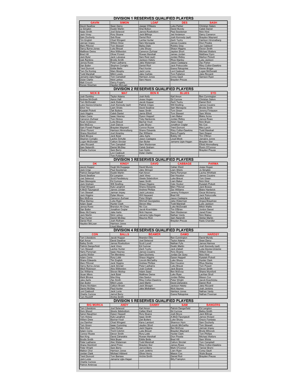 Division 1 Reserves Qualified Players